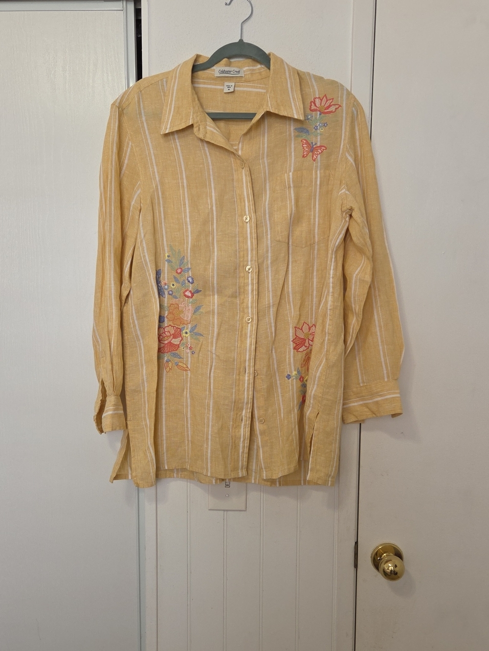 Coldwater Creek Yellow Striped Button-Down Shirt with Floral Embroidery